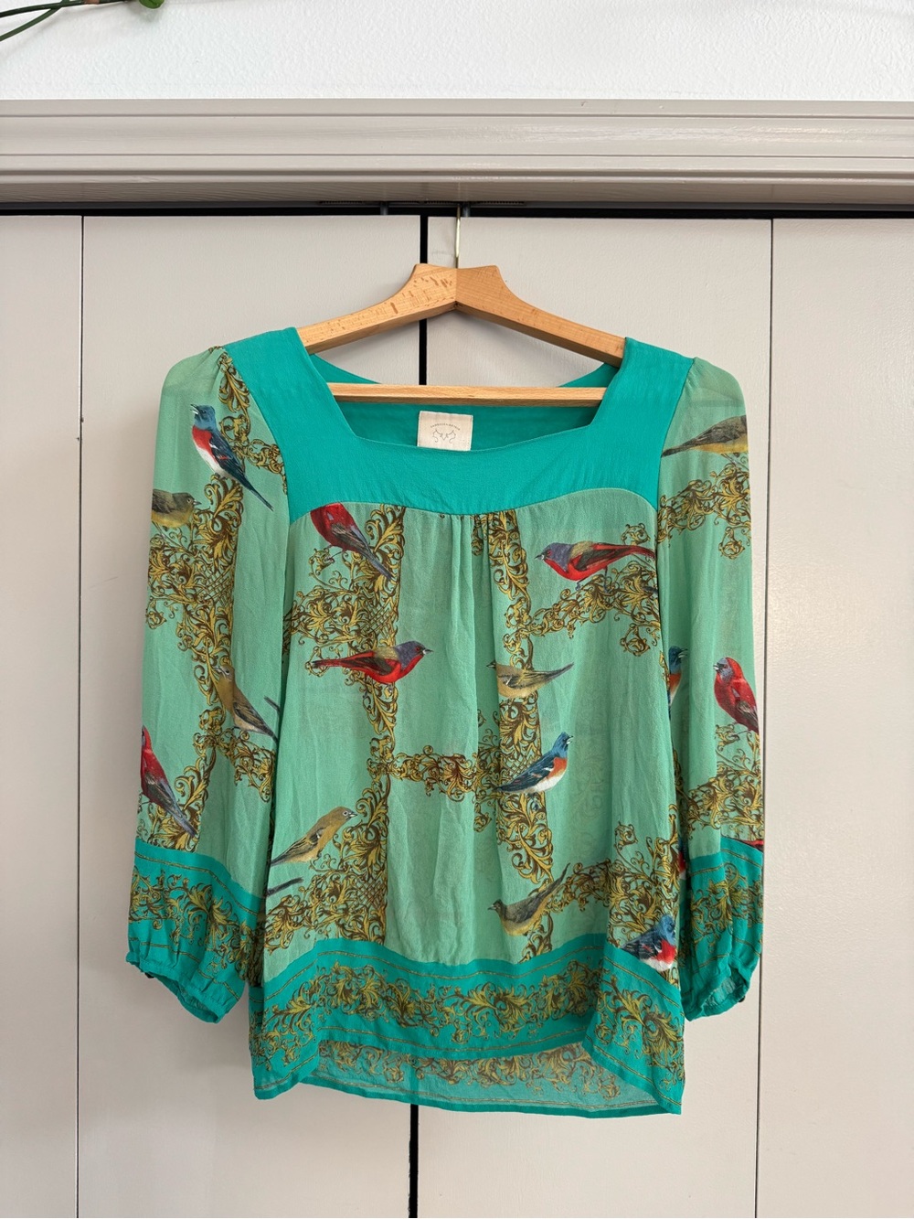 Anthropologie 100% Silk Bird-Print Square Neck Blouse